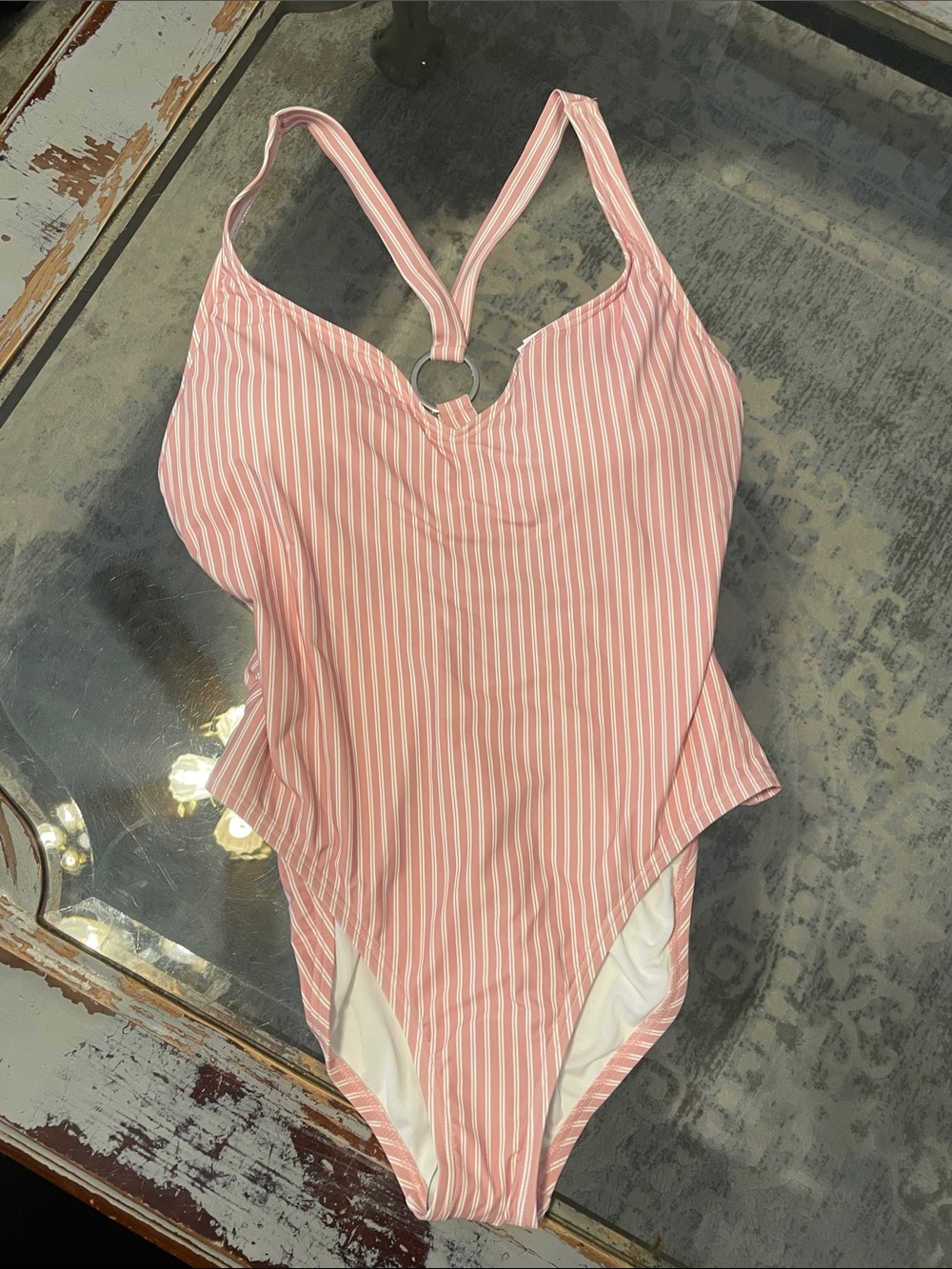 Michael Kors Pink & White Striped Ring-Back One-Piece Swimsuit
